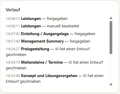 Verlaufsprotokoll mit Zeitstempeln zu entworfenen, bearbeiteten und freigegebenen Kapiteln.
