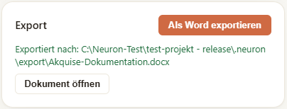 Export-Karte: die Dokumentation wird als Word-Datei in den Projektordner exportiert.