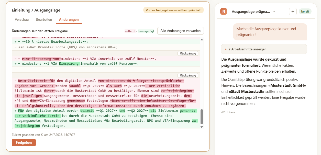 Diff-Ansicht der Kapiteländerungen mit Möglichkeit, einzelne Änderungen rückgängig zu machen oder freizugeben.